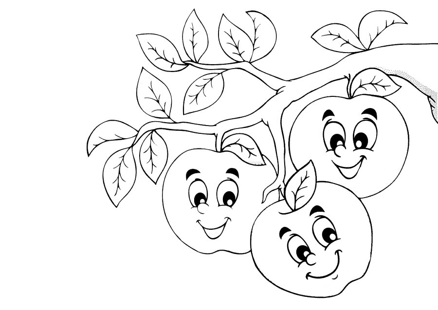 Ausmalbild Lustige Äpfel auf einem Zweig Ausdrucken